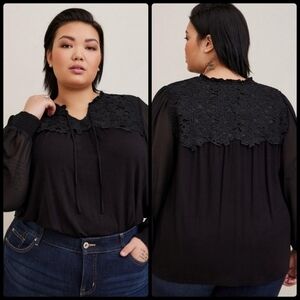 TORRID Super Soft Chiffon Sleeve Lace Inset Tie Detail Top